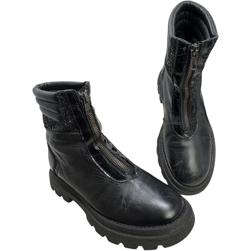 MANUELA Black‎ Leather Front Zip Big Girl Ankle Booties